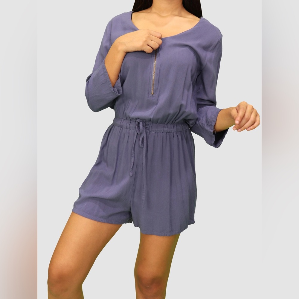 Rue21 Purple Cornflower Blue Long Sleeve Romper Zipper Front 3/4 Sleeve